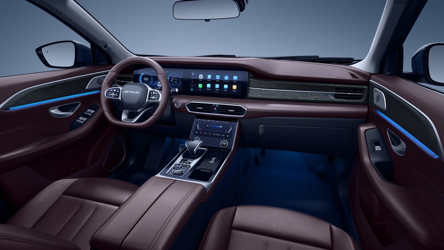 The Jetour X90 Plus offers a refined interior with advanced digital displays, leather finishes, and modern driver-focused controls.