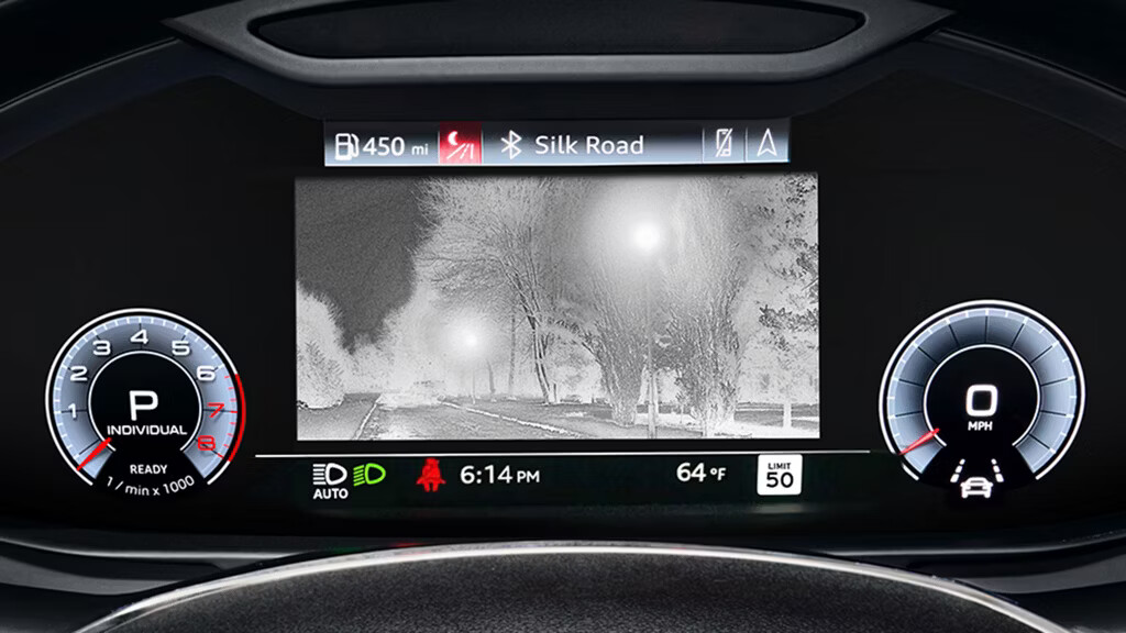 With optional Night vision assistant, you’re able to see pedestrians or large animals that may be in your path. The intuitive, thermal imaging camera detects objects and projects images onto the Audi virtual cockpit plus.